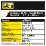 Compresor 50Ltrs AZUL 115Lbs. motor 2,0HP